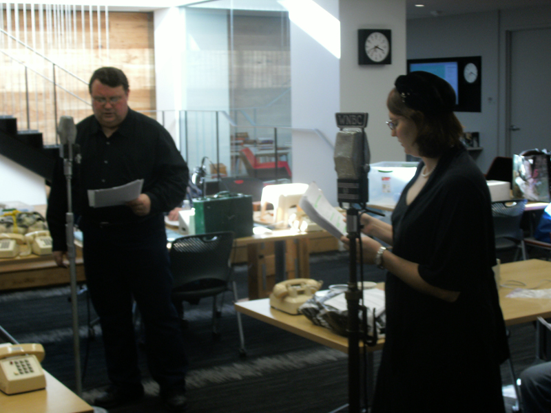 Michael Hayde (Johnny Dollar) and Sally Stephens (Mrs. Hobb) read their lines